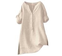 Tshirt Damen Oberteile Kurzarm Button Shirt Top Stand Volltonfarbe Ärmel Kragen Casual Sommer Long Shirts Für Lässige Oversize Bluse Elegant Große Größen T-Shirt Weißes Frauen T Baumwoll Lange Beige