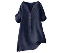 Tshirt Damen Oberteile Kurzarm Button Shirt Top Stand Volltonfarbe Ärmel Kragen Casual Sommer Long Shirts Für Lässige Oversize Bluse Elegant Große Größen T-Shirt Weißes Frauen T Baumwoll Lange Marine