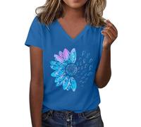 Tshirt Damen Oberteile Kurzarm Mit Sonnenblumen-Musterdruck Rundhalsausschnitt Kurzärmelig Lockere T-Shirts Süße Lässige Lehrer-Outfits Baumwoll T Shirt Oversized Basic Baumwolle Oversize Himmelblau