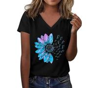 Tshirt Damen Oberteile Kurzarm Mit Sonnenblumen-Musterdruck Rundhalsausschnitt Kurzärmelig Lockere T-Shirts Süße Lässige Lehrer-Outfits Baumwoll T Shirt Oversized Basic Baumwolle Oversize Schwarz 3XL