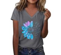Tshirt Damen Oberteile Kurzarm Mit Sonnenblumen-Musterdruck Rundhalsausschnitt Kurzärmelig Lockere T-Shirts Süße Lässige Lehrer-Outfits Baumwoll T Shirt Oversized Basic Baumwolle Oversize Grey 3XL