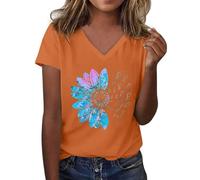 Tshirt Damen Oberteile Kurzarm Mit Sonnenblumen-Musterdruck Rundhalsausschnitt Kurzärmelig Lockere T-Shirts Süße Lässige Lehrer-Outfits Baumwoll T Shirt Oversized Basic Baumwolle Oversize Orange 3XL