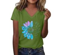 Tshirt Damen Oberteile Kurzarm Mit Sonnenblumen-Musterdruck Rundhalsausschnitt Kurzärmelig Lockere T-Shirts Süße Lässige Lehrer-Outfits Baumwoll T Shirt Oversized Basic Baumwolle Oversize Tarnung 3XL
