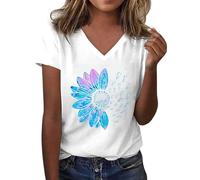 Tshirt Damen Oberteile Kurzarm Mit Sonnenblumen-Musterdruck Rundhalsausschnitt Kurzärmelig Lockere T-Shirts Süße Lässige Lehrer-Outfits Baumwoll T Shirt Oversized Basic Baumwolle Oversize Weiß 3XL