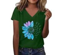 Tshirt Damen Oberteile Kurzarm Mit Sonnenblumen-Musterdruck Rundhalsausschnitt Kurzärmelig Lockere T-Shirts Süße Lässige Lehrer-Outfits Baumwoll T Shirt Oversized Basic Baumwolle Oversize Grün 3XL