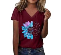 Tshirt Damen Oberteile Kurzarm Mit Sonnenblumen-Musterdruck Rundhalsausschnitt Kurzärmelig Lockere T-Shirts Süße Lässige Lehrer-Outfits Baumwoll T Shirt Oversized Basic Baumwolle Oversize Wein XL
