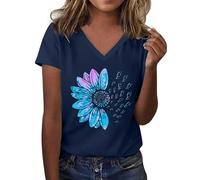 Tshirt Damen Oberteile Kurzarm Mit Sonnenblumen-Musterdruck Rundhalsausschnitt Kurzärmelig Lockere T-Shirts Süße Lässige Lehrer-Outfits Baumwoll T Shirt Oversized Basic Baumwolle Oversize Blau 3XL