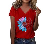 Tshirt Damen Oberteile Kurzarm Mit Sonnenblumen-Musterdruck Rundhalsausschnitt Kurzärmelig Lockere T-Shirts Süße Lässige Lehrer-Outfits Baumwoll T Shirt Oversized Basic Baumwolle Oversize Rot XL
