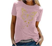 Tshirt Damen Oberteile mit Gold Schmetterlings Print Rundhals Kurzarm Bluse Lässige Tees Pullover Frühlings Herbst Basic Shirt All Match Tunika Tops Geschenk für Teenager Mädchen Pulli Streetwear