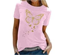 Tshirt Damen Oberteile mit Gold Schmetterlings Print Rundhals Kurzarm Bluse Lässige Tees Pullover Frühlings Herbst Basic Shirt All Match Tunika Tops Geschenk für Teenager Mädchen Pulli Streetwear