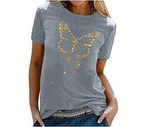 Tshirt Damen Oberteile mit Gold Schmetterlings Print Rundhals Kurzarm Bluse Lässige Tees Pullover Frühlings Herbst Basic Shirt All Match Tunika Tops Geschenk für Teenager Mädchen Pulli Streetwear
