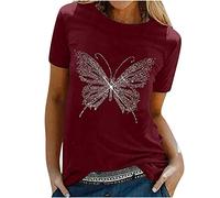 Tshirt Damen Oberteile mit Gold Schmetterlings Print Rundhals Kurzarm Bluse Lässige Tees Pullover Frühlings Herbst Basic Shirt All Match Tunika Tops Geschenk für Teenager Mädchen Pulli Streetwear