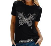 Tshirt Damen Oberteile mit Gold Schmetterlings Print Rundhals Kurzarm Bluse Lässige Tees Pullover Frühlings Herbst Basic Shirt All Match Tunika Tops Geschenk für Teenager Mädchen Pulli Streetwear