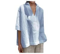 Tshirt Damen Oversize Bluse Leinen Damen Sommer T-Shirt Damen V Ausschnitt Poloshirt Damen Langarm 3/4 Shirt Damen Summer Dress Y2K Business Casual Tops for Women Weiße Shirts Damen Hellblau S