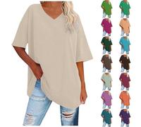 Tshirt Damen Oversize, Sommer Tops Teenager Mädchen Basic Longtops V-Ausschnitt Kurzarm Tunika Tops Casual Blusentop Weibe Bluse Classic Einfarbige Hemdbluse Sport Top Sommer Tanktop Baggy Pullover