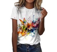 Tshirt Damen Shirt Oberteile Sommer Casual Rundhals Kurzarm Schmetterling Print T-Shirt Top T Grosse Grössen Shirts for Women Sommershirts Leicht Und Luftig Weißes Baumwolle Oversized Oversize Gelb L