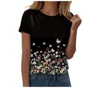 Tshirt Damen Sommer Basic T Shirt Romantische Schmetterling-Blume-Druck Rundhals Oberteile Baumwolle Damenblusen Casual Kurzarm Bluse Tops Sommer Kurzarm Elegante Grafik Lose Casual T-Shirts Für Damen