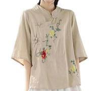 Tshirt Damen Sommer Baumwolle Leinen Hemd Vintage Bestickt Leinenbluse mit Panknopf Leinenhemd Strand Leinenshirt Leicht Luftig Blusenshirt Stehkragen Sommerblusen Elegant Casual Shirt