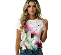 Tshirt Damen Sommer Kurzarm Shirt Basic Rundhals Sportshirt Elegant Blumendruck Shirts Lässig Schmetterlingsdruck Sommershirt All-Match Baumwolle Oberteile Mode Bedruckte Bluse Tunika Tops Longshirt