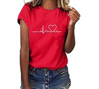 Tshirt Damen Sommer Kurzarm T-Shirt Liebe Herz Drucken Bluse mit Rundhalsausschnitt Oberteile Basic Shirt Locker Tee Tops Teenager Mädchen Longbluse Sportshirt Tunika Bunte T Shirts für Frauen
