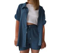 Tshirt Damen Sommer, Musselin Bluse Damen Shirts Bluse Elegant Tunics Sommer Tshirt Kurzarm Leinen Knopf Bluse Lange Oversized T-Shirt Casual für Leggings