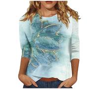 Tshirt Damen Sommer Must Have Lässig 3/4 Ärmeln Musselin Bluse 2024 Mode Bedruckt Oberteil Casual Shirt Locker T-Shirt Elegent Rundhal Top Vintage Langarmshirt (3-Mint Green,M)