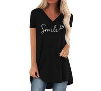 Tshirt Damen Sommer, Smile Druck T Shirt Damen V Ausschnitt, Oversize Shirt Kurzarm Baumwolle Trendy Tunika Mode Shirtkleid Casual Lockere Oberteile Luftig Tops Longshirt Leicht Sommershirts
