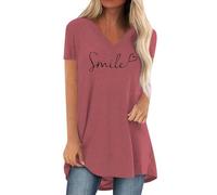 Tshirt Damen Sommer, Smile Druck T Shirt Damen V Ausschnitt, Oversize Shirt Kurzarm Baumwolle Trendy Tunika Mode Shirtkleid Casual Lockere Oberteile Luftig Tops Longshirt Leicht Sommershirts