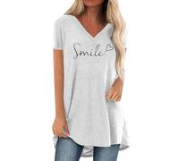 Tshirt Damen Sommer Smile Druck T Shirt V Ausschnitt Oversize Shirt Kurzarm Baumwolle Trendy Tunika Mode Shirtkleid Casual Lockere Oberteile Luftig Tops Longshirt Leicht Sommershirts Blusenshirt