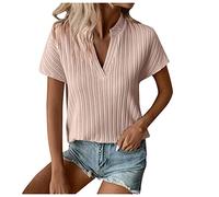 Tshirt Damen Sommer T Shirt Weiß Damen WeißEs Tshirt Elegant Einfarbig Plissee Stehkragen Kurzarm T Shirt LäSsiges V-Ausschnitt Oberteile Slim Tunika Shirts Blusen Damen Elegant Festlich (1-Pink, Xl)