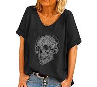 Tshirt Damen Sommer Tops Lässiges T-Shirt mit Totenkopf-Strass-Motiv V-Ausschnitt Kurzarm Loser Pullover Plus Size Baggy Tunika-Bluse