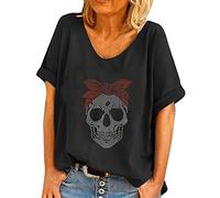 Tshirt Damen Sommer Tops Lässiges T-Shirt mit Totenkopf-Strass-Motiv V-Ausschnitt Kurzarm Loser Pullover Plus Size Baggy Tunika-Bluse