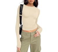 Tshirt Damen Top Rundhals Slim Fit Langarmshirt Y2K Oberteile Einfarbig Basic Crop Tops Influencer Tee Shirts Casual Teenager Streetwear(L,Aprikosenfarbe)