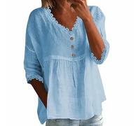 Tshirt Damen Tops Sommer 2026 Lässiger Pullover Mit Clip-Ärmeln Und Spitze V-Ausschnitt Mehrfarbig Damen-Top Hemd Clip-Ärmel Spitze Pullover T-Shirt Baumwoll Langes Basic T Shirt Shirts Blau M