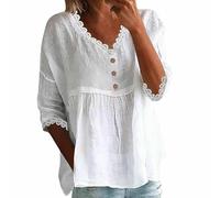 Tshirt Damen Tops Sommer 2026 Lässiger Pullover Mit Clip-Ärmeln Und Spitze V-Ausschnitt Mehrfarbig Damen-Top Hemd Clip-Ärmel Spitze Pullover T-Shirt Baumwoll Langes Basic T Shirt Shirts Weiß M