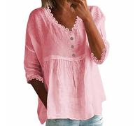 Tshirt Damen Tops Sommer 2026 Lässiger Pullover Mit Clip-Ärmeln Und Spitze V-Ausschnitt Mehrfarbig Damen-Top Hemd Clip-Ärmel Spitze Pullover T-Shirt Baumwoll Langes Basic T Shirt Shirts Rot M