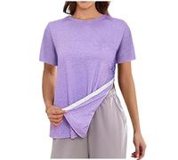 Tshirt Damen Tops Sommer Für Frauen Reißen 3/4 Nach Manschette Shirts Chemo Port Kleidung Oversized Oberteile Elegant T Shirt Basic Baumwolle Weiß Kurzarm Lange Tshirts T-Shirt Oversize Long Lila S