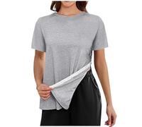 Tshirt Damen Tops Sommer Für Frauen Reißen 3/4 Nach Manschette Shirts Chemo Port Kleidung Oversized Oberteile Elegant T Shirt Basic Baumwolle Weiß Kurzarm Lange Tshirts T-Shirt Oversize Long