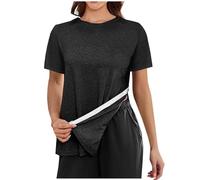Tshirt Damen Tops Sommer Für Frauen Reißen 3/4 Nach Manschette Shirts Chemo Port Kleidung Oversized Oberteile Elegant T Shirt Basic Baumwolle Weiß Kurzarm Lange Tshirts T-Shirt Oversize Long Schwarz