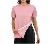 Tshirt Damen Tops Sommer Für Frauen Reißen 3/4 Nach Manschette Shirts Chemo Port Kleidung Oversized Oberteile Elegant T Shirt Basic Baumwolle Weiß Kurzarm Lange Tshirts T-Shirt Oversize Long Rot S
