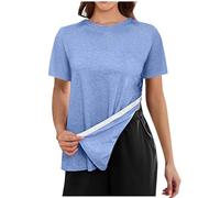 Tshirt Damen Tops Sommer Für Frauen Reißen 3/4 Nach Manschette Shirts Chemo Port Kleidung Oversized Oberteile Elegant T Shirt Basic Baumwolle Weiß Kurzarm Lange Tshirts T-Shirt Oversize Long Blau XXL