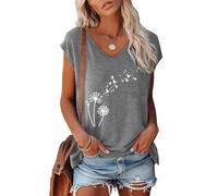 Tshirt Damen V Ausschnitt, Ärmelloses Bluse Damen Elegant,Oberteile Damen Sommer Tank Top mit Flügelärmeln Löwenzahn Bedruckt Lässig Locker Basic Tee Kurzarm T-Shirts für Frauen Teenager Mädchen