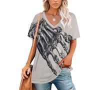 Tshirt Damen V Ausschnitt Sommer Oberteile Dunkles Totenkopf-Handmuster Sexy Shirts Kurzarm Locker Sommer Oberteile Tee Tops Bluse Tuniken Retro-Gothic-Stil