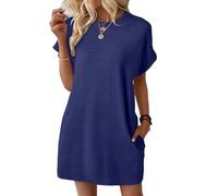 Tshirt Kleid Damen Oversize Kurzarm Kurz Blusenkleid Damen Elegant A Linie Sommerkleid Rundhals mit Taschen Sommerkleider Leicht Und Luftig Shirtkleid Frauen Sommer Kurz Einfarbig Strandkleid
