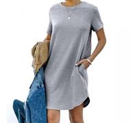 Tshirt Kleider Damen Knielang Sommerkleid Damen Kurz Sweatkleid Rundhalsausschnitt Kurzarm Shirtkleid Baumwolle Einfarbig Bequeme Strandkleid Komfortabel Wickelkleid Casual Midi Freizeitkleider