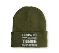tshirtladen Beanie Arschkalt Aber Meine Tiere brauchen Mich Wintermütze Mütze mit lustigem Spruch, Farbe: Olive