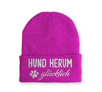 tshirtladen Beanie Hund Herum glücklich Wintermütze Mütze mit lustigem Spruch, Farbe: Pink