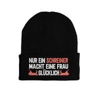 tshirtladen Beanie Schreiner Macht Frau glücklich - Schwarze Mütze mit Spruch für echte Handwerker - Lustige Beanie mit Hobelstickerei für Werkstatt, Alltag oder Feierabend