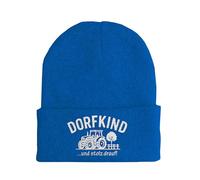 tshirtladen Dorfkind und stolz Drauf Beanie Wintermütze mit Traktor Stickerei in Blau Spruchmütze Unisex maritim sportlich Streetwear warm für Freizeit Outdoor und Festival, Farbe Blau