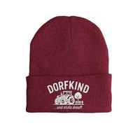 tshirtladen Dorfkind und stolz Drauf Beanie Wintermütze mit Traktor Stickerei in Bordeaux Spruchmütze Unisex edel klassisch herbstlich für Freizeit Weinfest Festival und Party, Farbe Bordeaux
